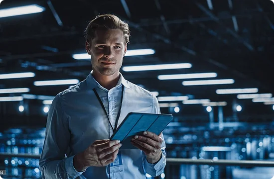 Karbantartó szakember tablettel egy szerverteremben