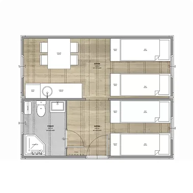 Összeépített lakókonténer-modulok alaprajza
