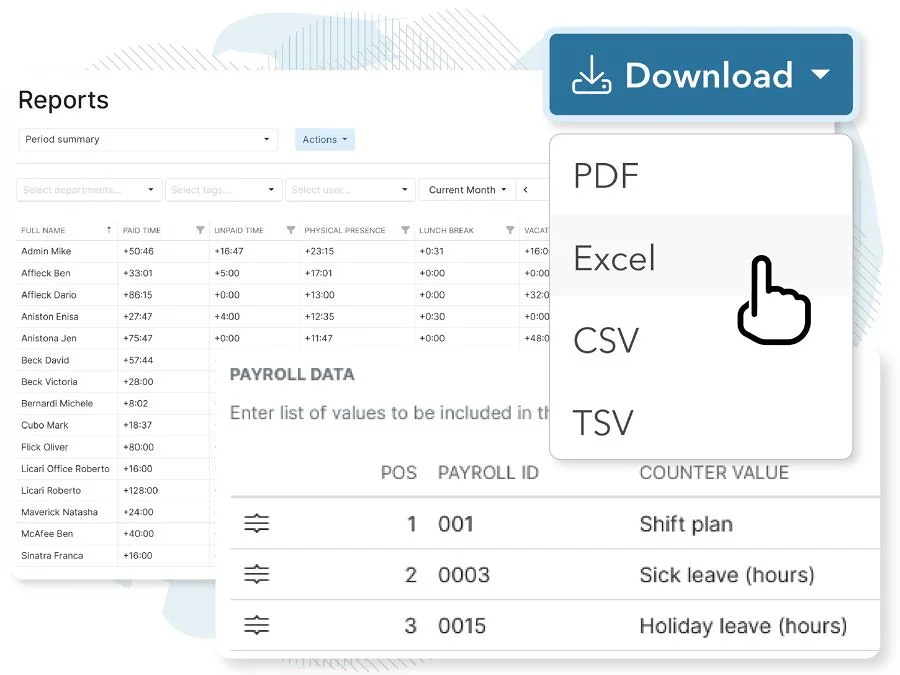Bérszámfejtési riport letöltése PDF, Excel és CSV formátumban